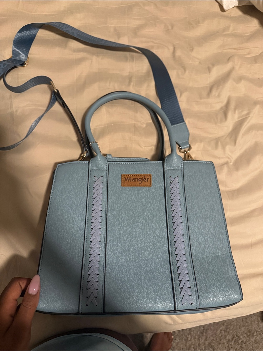 Wrangler Light Blue Structured Top-Handle Satchel with Crossbody Strap